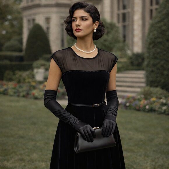 Jessica Dresses & Skirts - Jessica Velvet Little Black Midi Dress with Sheer Detail Beading Size 6 Belt